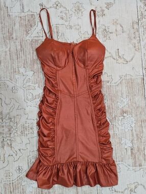 privy Rust-Orange Ruched Satin Mini Dress